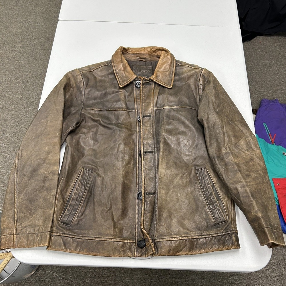 Merona Leather Jacket Mens M Brown Distressed Button Front Quilted Lining E2